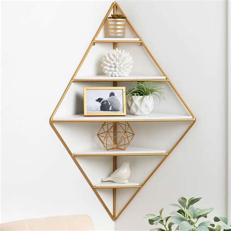 Modern Corner Wall Shelves Triangle Floating Shelves in Gold & White-Homary