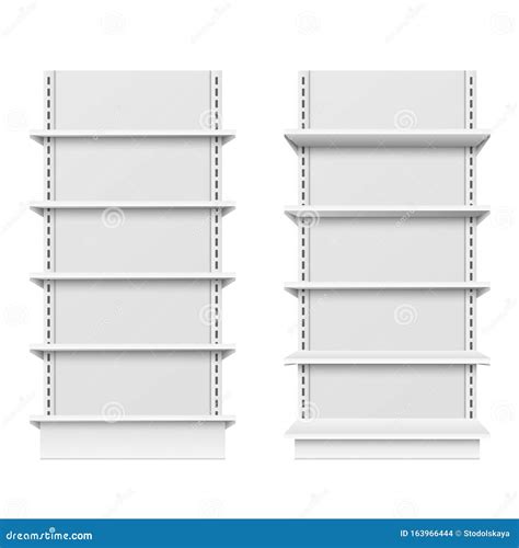 Store Shelves Racks With Green Edge Realistic Mockups Set. Showcases Front View Empty Templates ...