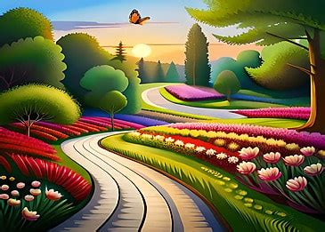 Beautiful Road To Heaven Garden Evening Sunset With Butterflies Nature ...