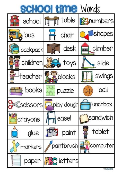 Back to School Vocabulary List 32 Words and Pictures FREE ...