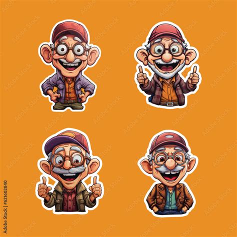 Happy old man stickers collection illustration. Happy old people cartoon stickers set. Cute ...