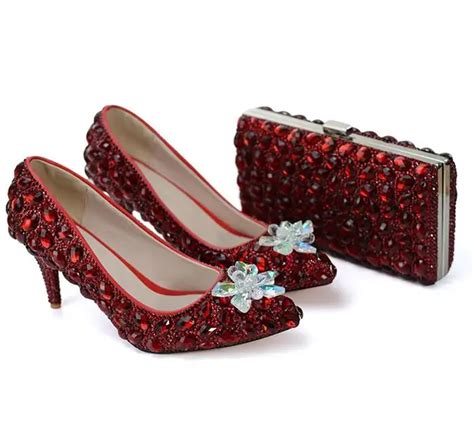 Wine Red Womens wedding shoes with matching bags Crystal Thin heel pointed toe shoes Ladies Paty ...