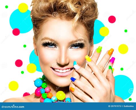 Beauty Girl with Colorful Makeup, Nail Polish Stock Image - Image of ...