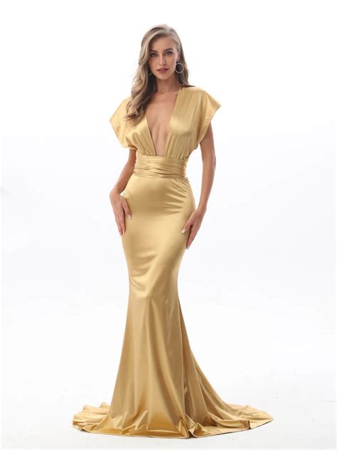 Shiny Gold Sexy Satin Long Dress DIY Straps Bodycon Backless Mermaid ...