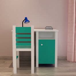 Kids Study Table & Chair, White & Green Color Study Table, Study Table with Open Shelf, Study ...