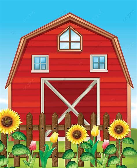 Red Barn And Sunflower Field Fence House Yard Vector, Fence, House, Yard PNG and Vector with ...