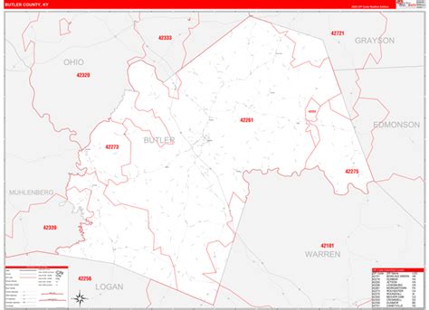 Butler County, KY Zip Code Wall Map Red Line Style by MarketMAPS - MapSales