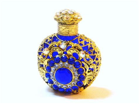 Vintage Perfume Bottle Czech Czechoslovakia Antique Gold Blue