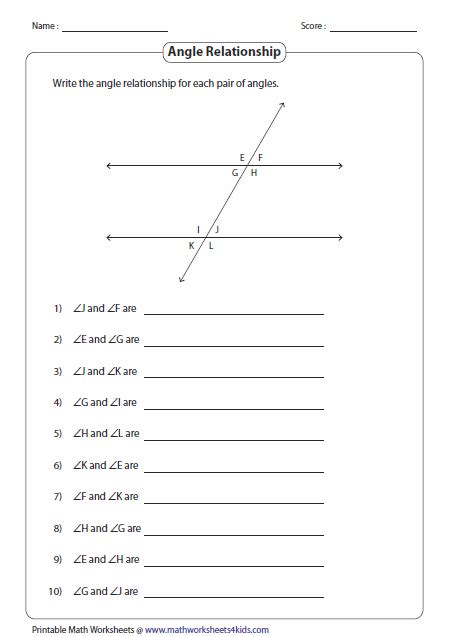 Geometry Transversal Angles Worksheet