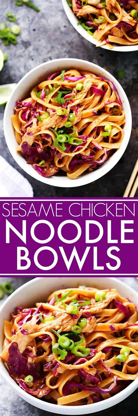 These 20-Minute Sesame Chicken Noodle Bowls with Thai-style creamy peanut sauce and crunchy red ...