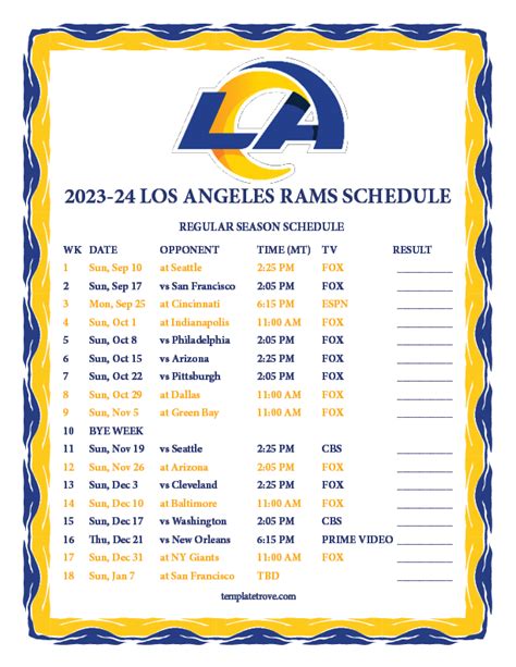 Printable 2023-2024 Los Angeles Rams Schedule