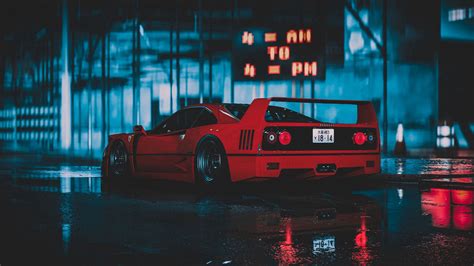 ferrari, sportscar, red, wet, neon, night, 4k HD Wallpaper