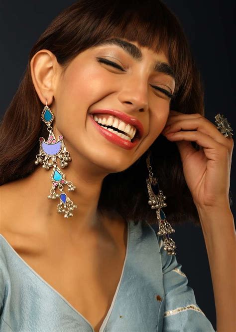 Buy Multi Colored Glass Earrings In Light Blue, Navy Blue Colours And Ghunghroo By Kohar KALKI ...