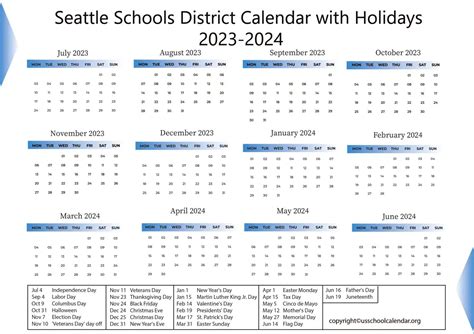 Seattle Schools District Calendar with Holidays 2023-2024