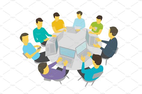 Round-table talks. Group of people students team having meeting conference. White background ...