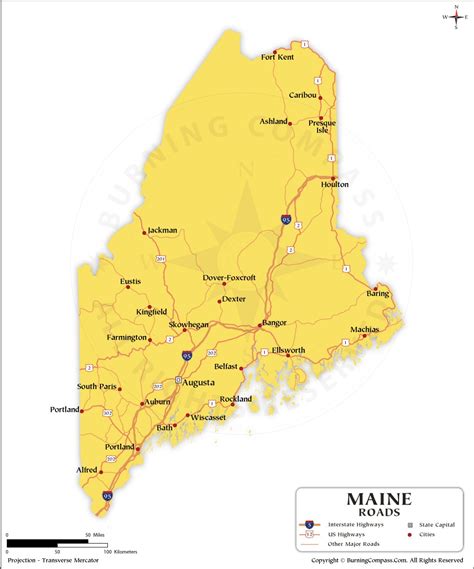 Maine Road Map with Interstate Highways and US Highways