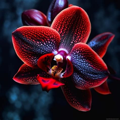 Premium AI Image | A red and black orchid with a white speckled pattern.