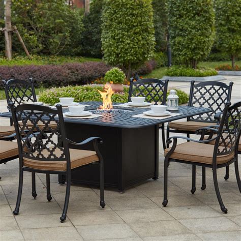 Madison 9 Piece Cast Aluminum Patio Fire Pit Dining Set W/ 64 Inch Square Table By Darlee : BBQGuys