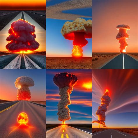 nuclear explosion mushroom cloud at the end of highway | Stable Diffusion | OpenArt