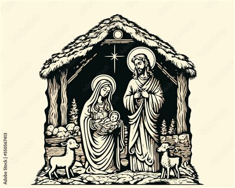 Nativity christian christmas scene. A simple Christmas drawing. Stock ...