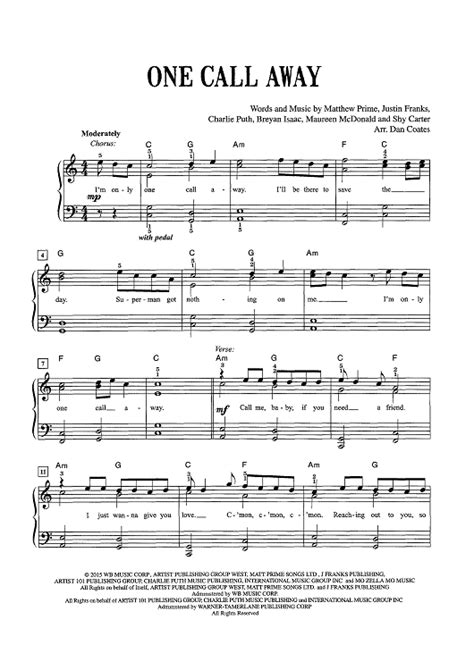 One Call Away" Sheet Music by Charlie Puth for Easy Piano/Vocal/Chords ...