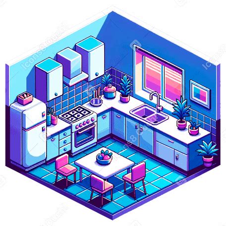 Isometric pixel small kitchen interior PNG, SVG