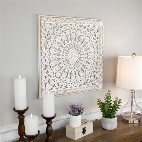 24" Antique White Floral Mandala Square Wall Panel | Christmas Central