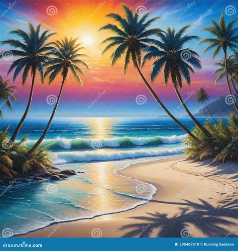 Painting of Palm Trees on Beach at Sunset with the Ocean in the ...