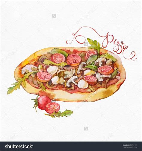 Pizza with mushrooms and tomato isolated on white. Watercolor illustration. | Food drawing, Food ...