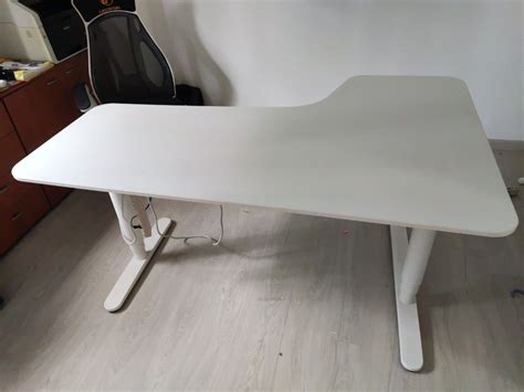 IKEA L-Shape White Office Desk with Electrical Height Adjustment Function, Furniture & Home ...