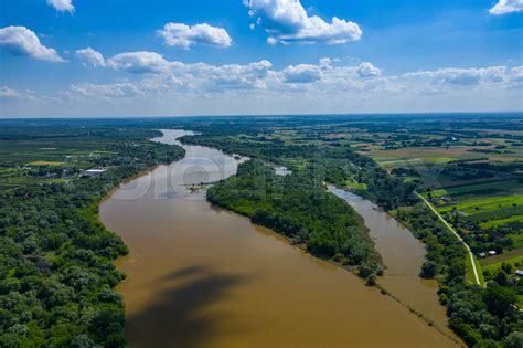 Vistula river in Poland. Aerial view of Vistula river, the longest ...