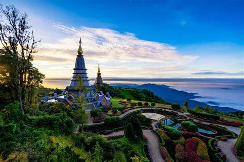 Sunrise scence of two pagoda on the top of Inthanon mountain in doi ...