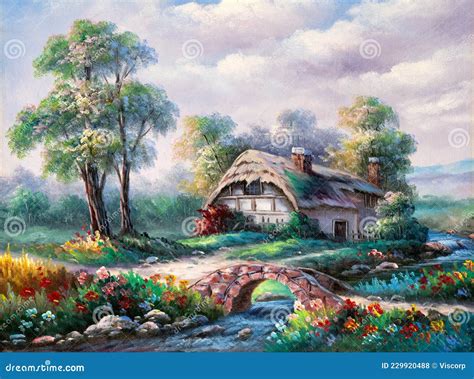 Colorful Idyllic Country Cottage Oil Painting Stock Photography ...