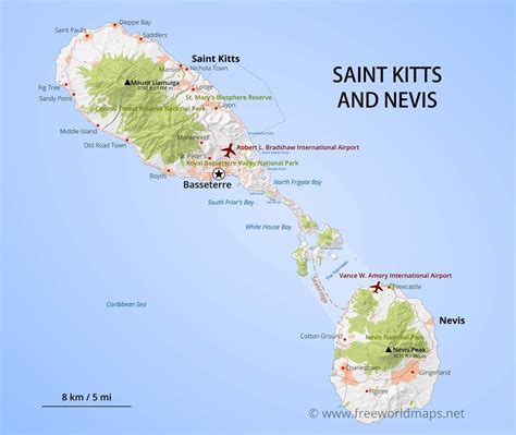 Saint Kitts and Nevis Map, Geographical features of Saint Kitts and ...