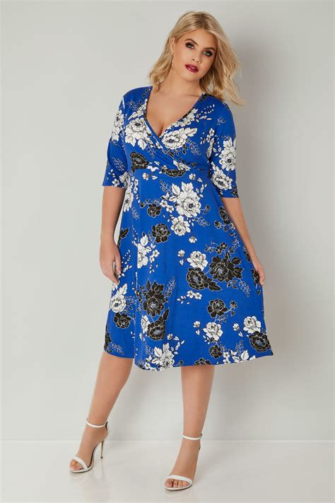 YOURS LONDON Cobalt Blue Floral Wrap Dress, Plus size 16 to 36