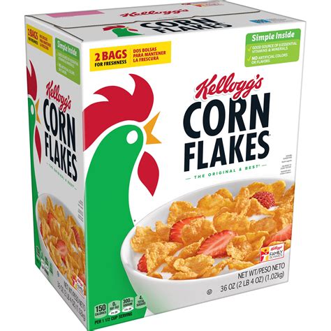 Kellogg's Corn Flakes Breakfast Cereal, 8 Vitamins and Minerals, Healthy Snacks, Original, 36oz ...