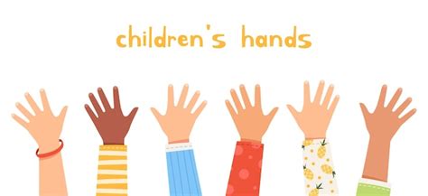 Premium Vector | Set children's hands raised up. Children of different nationalities wave their ...