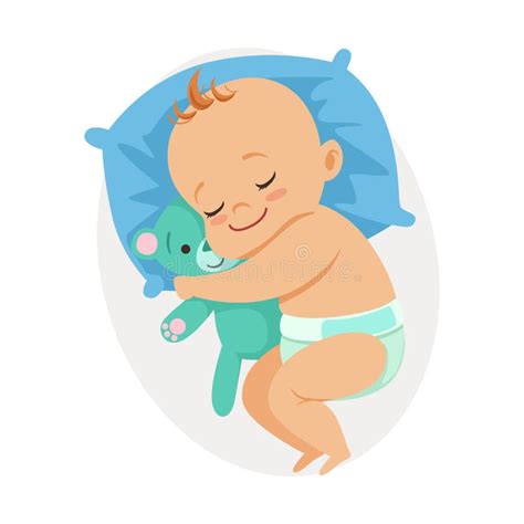 Sweet Little Baby Sleeping in His Bed and Hugging Teddy Bear, Colorful Cartoon Character Vector ...