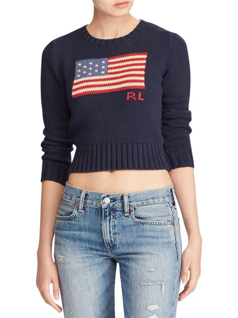 Polo Ralph Lauren Cotton Cropped Flag Knit Sweater in Navy (Blue) - Lyst