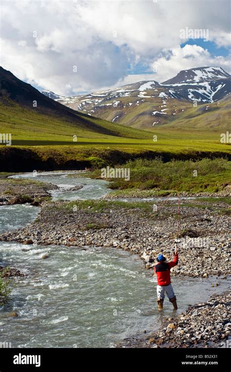 Scenic view of man fly fishing on the Chandalar River along the Dalton Highway during Summer in ...