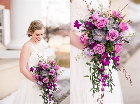 Purple magenta rose succulent cascading bouquet with bridal portraits | maddiepeschong.com ...