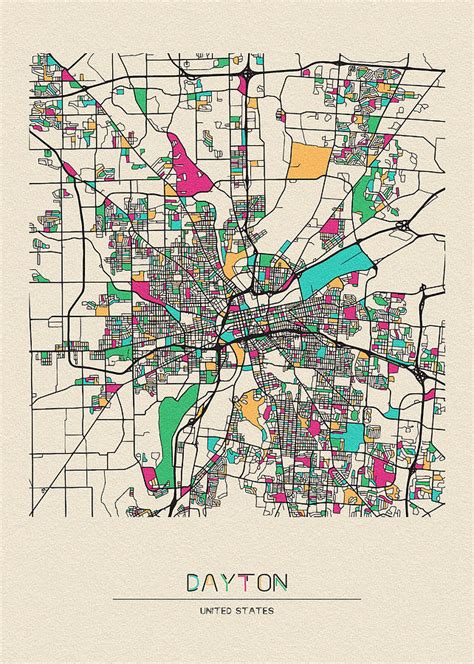 Dayton, Ohio City Map Drawing by Inspirowl Design | Pixels