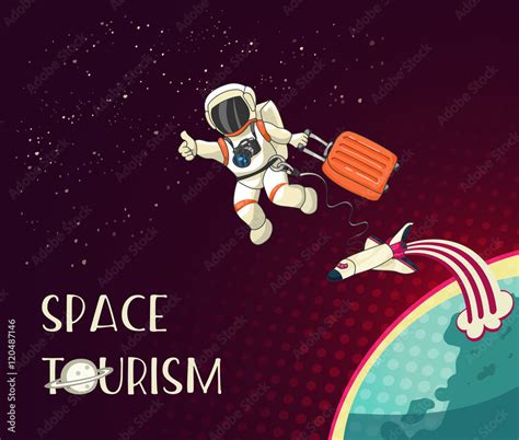 Space tourism cartoon concept. Astronaut tourist with luggage. Spaceship or Orbital Shuttle ...