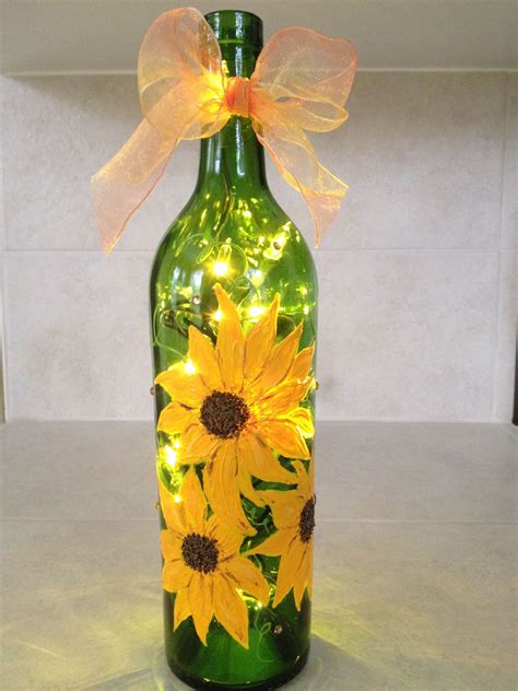 Sunflower, Lighted, Hand Painted Wine Bottle #paintedwineglasses | Wine bottle art, Bottle ...