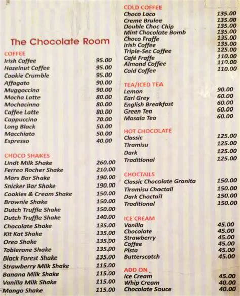 Menu at The Chocolate Room, Bhopal, T-1