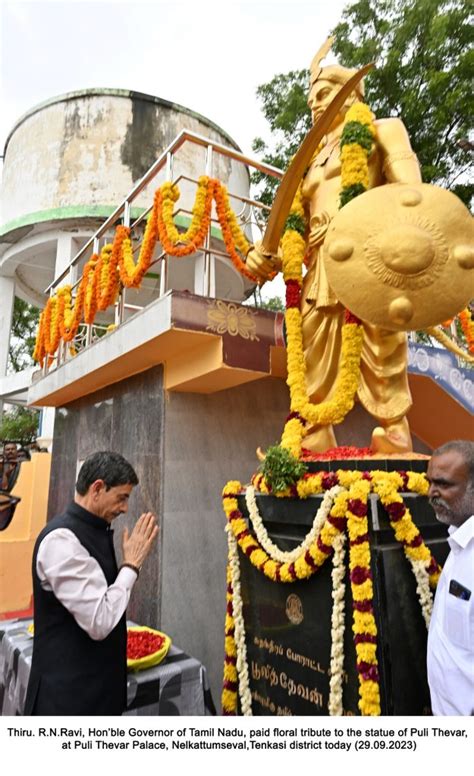 Hon’ble Governor of Tamil Nadu, paid floral tribute to the statue of Puli Thevar, at Puli Thevar ...