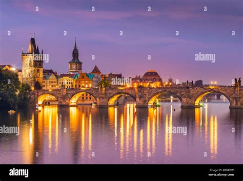 Charles Bridge Prague Charles bridge with old town bridge tower and river Vltava at night Prague ...