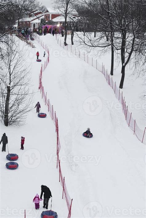 Children's snow slide in the city Park. 4955141 Stock Photo at Vecteezy