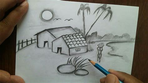 How to draw Simple Scenery and Beginners / easy village scenery drawing ...