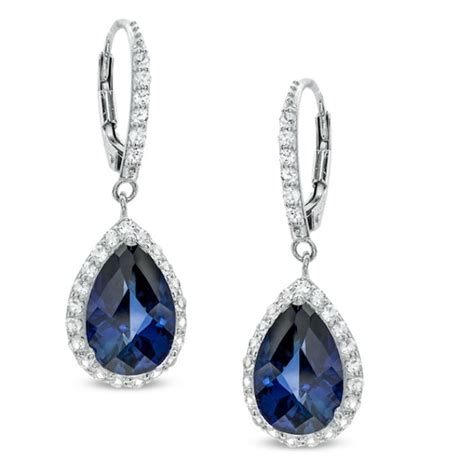 Pear-Shaped Lab-Created Blue and White Sapphire Frame Drop Earrings in ...